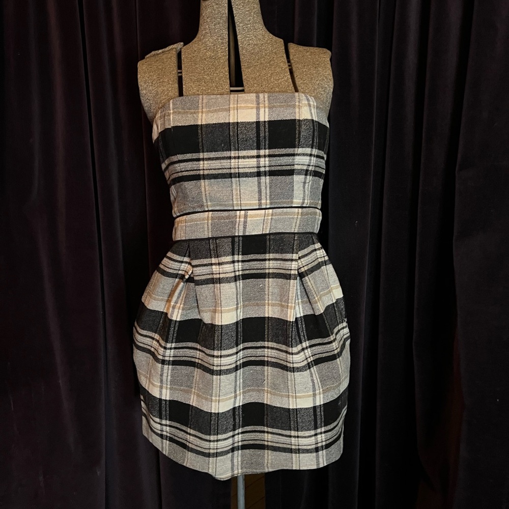 French connection plaid strapless wool dress